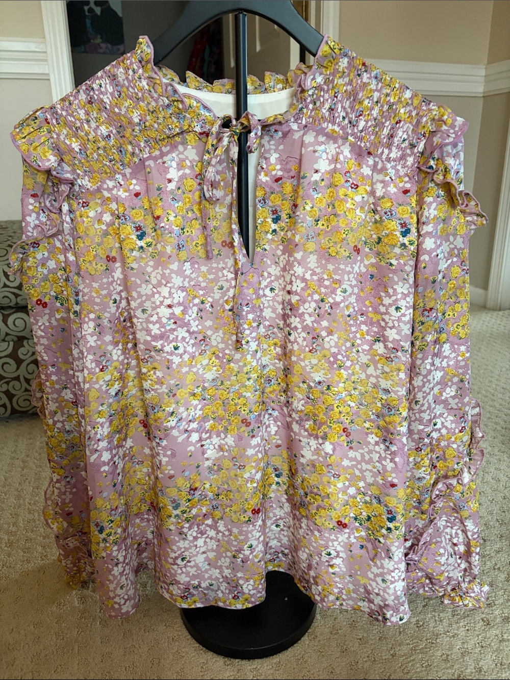 Sugarlips Pink Floral Smocked Ruffle Long-Sleeve Blouse
